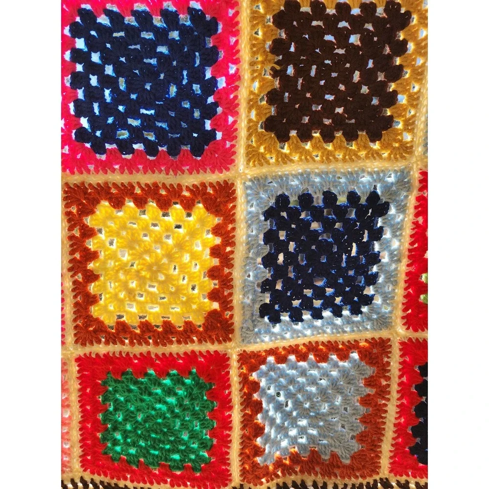 Handmade Vintage Style Crochet Granny Square Blanket Multi-Color Boho Throw
